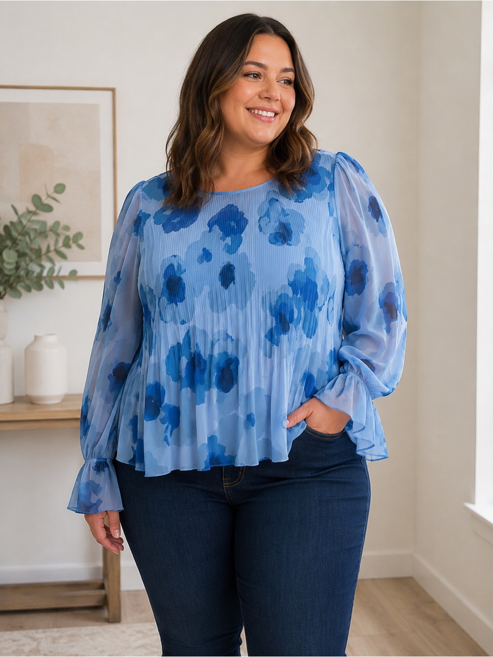 Light Blue Floral Pleated Blouse with Puff Sleeves